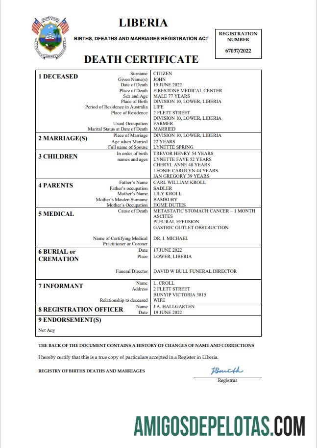 Imprimível modelo Word e PDF de certidão de óbito da Libéria